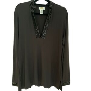 Talbots beaded tunic dressy party L black tunic formal elegant goth chic neutral